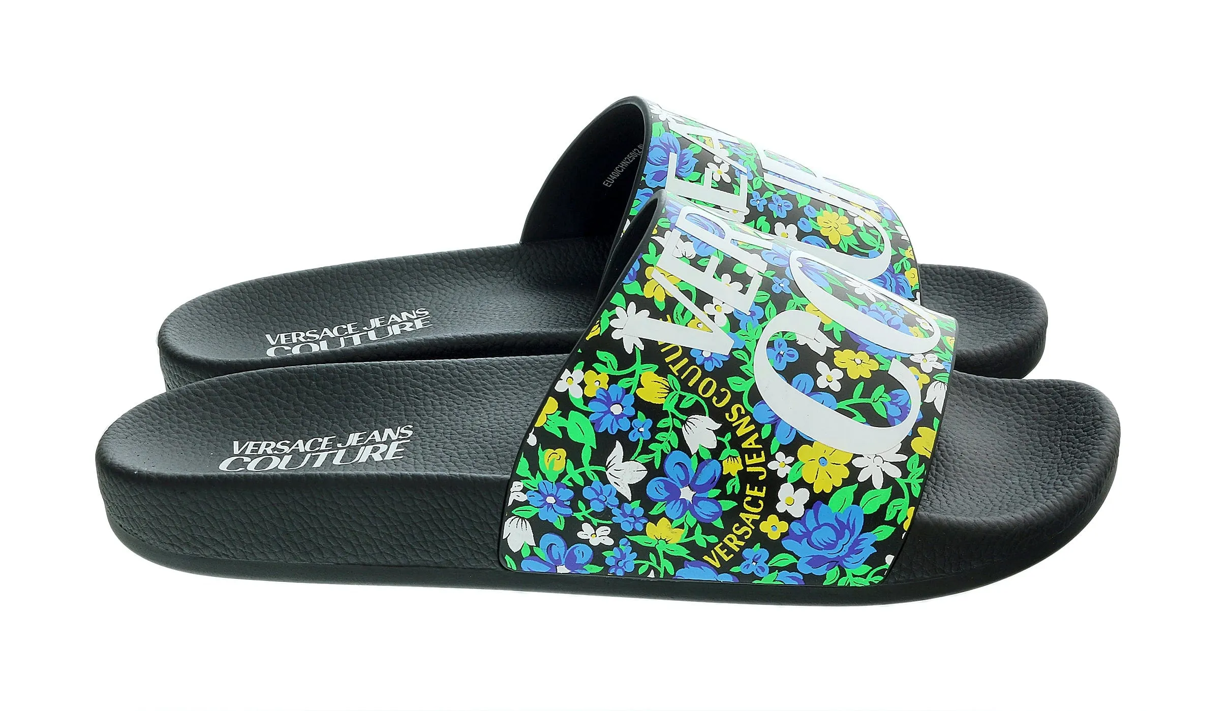 Versace Jeans Couture Electric Blue Floral Signature Print Wide Strap Slide -