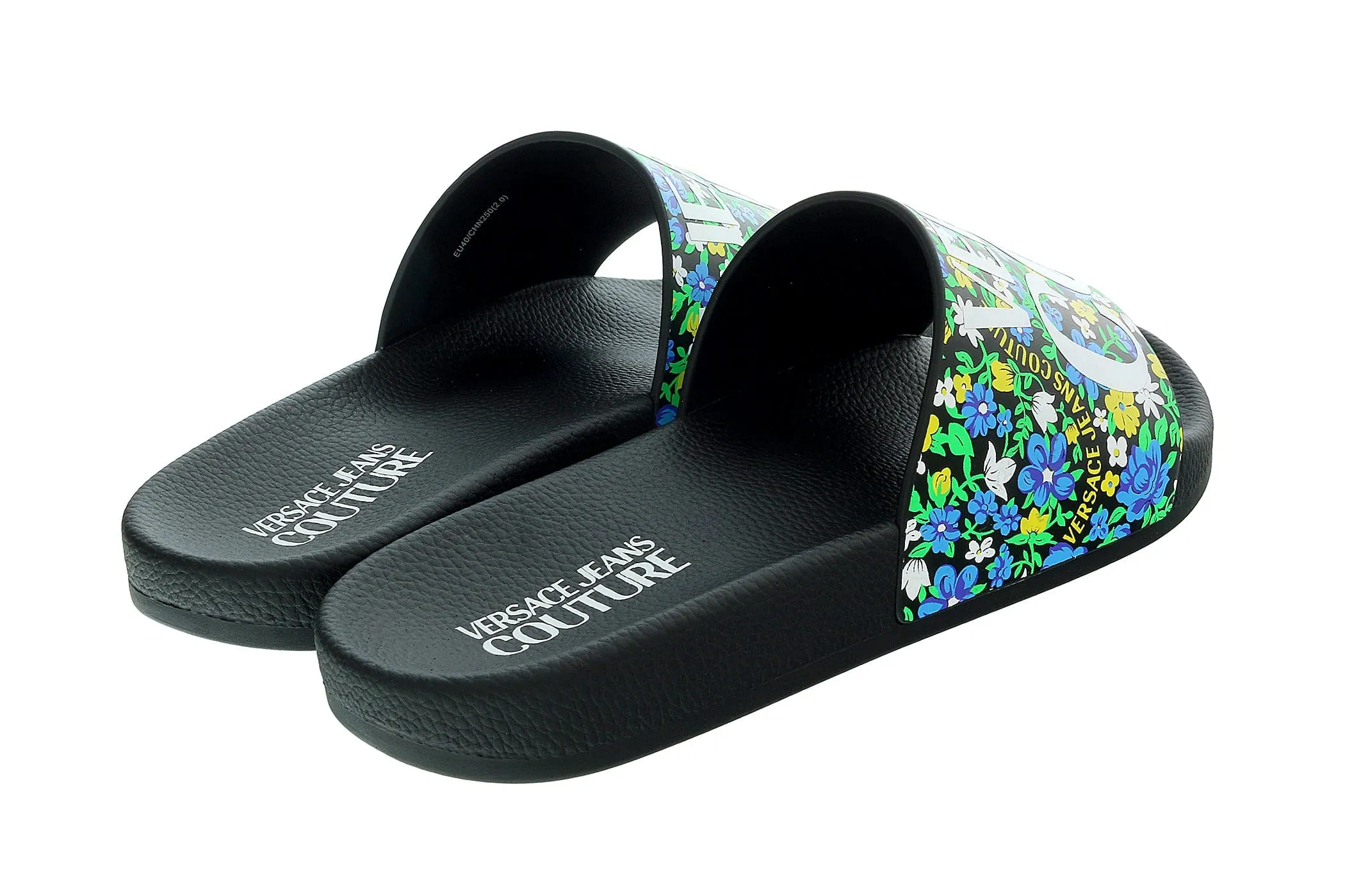 Versace Jeans Couture Electric Blue Floral Signature Print Wide Strap Slide -