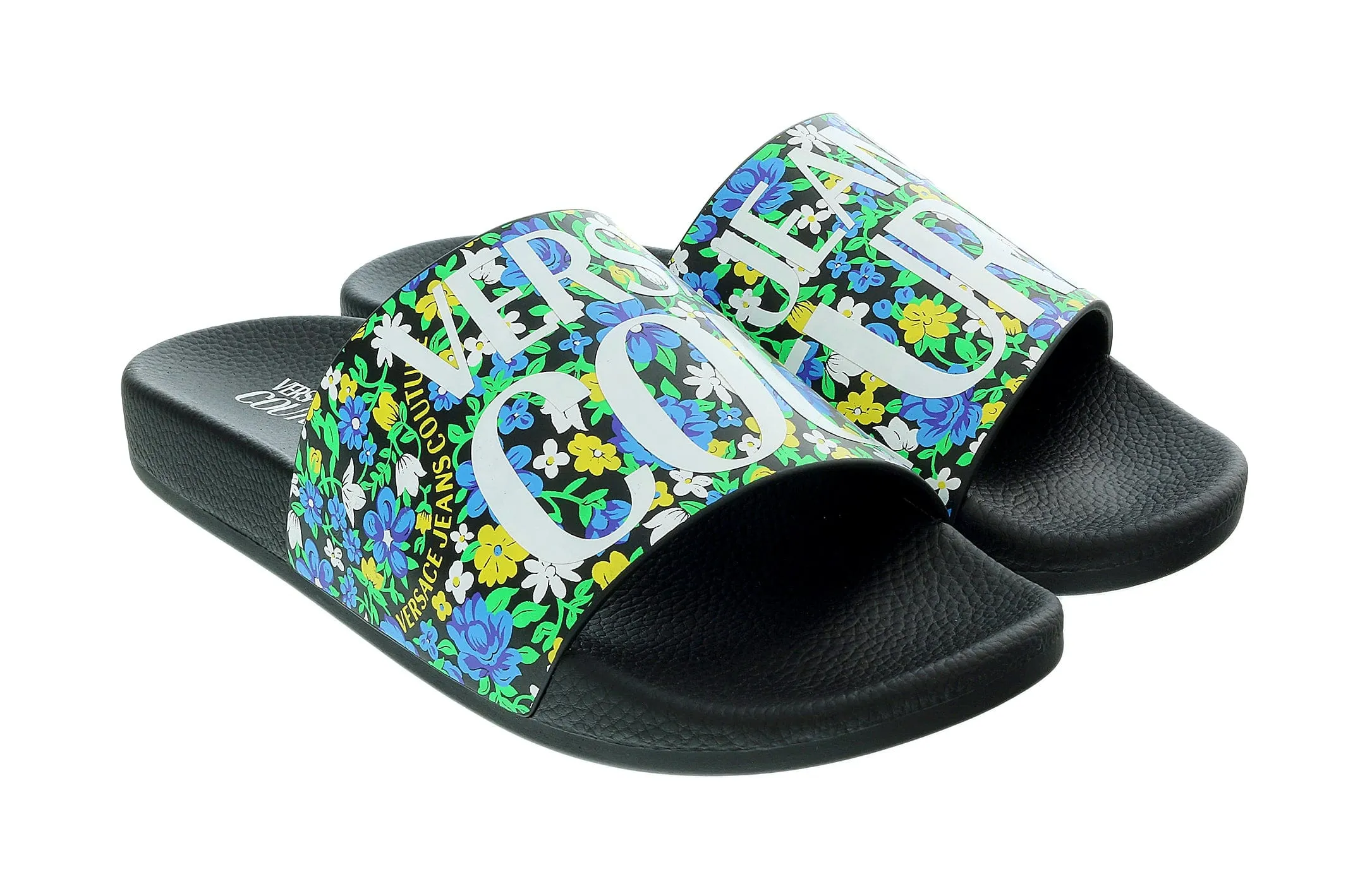 Versace Jeans Couture Electric Blue Floral Signature Print Wide Strap Slide -