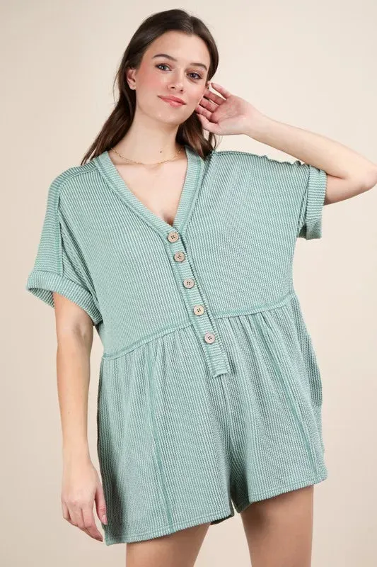 VERY J Two Tone Ribbed Knit Comfy Casual Romper