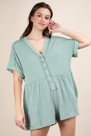 VERY J Two Tone Ribbed Knit Comfy Casual Romper