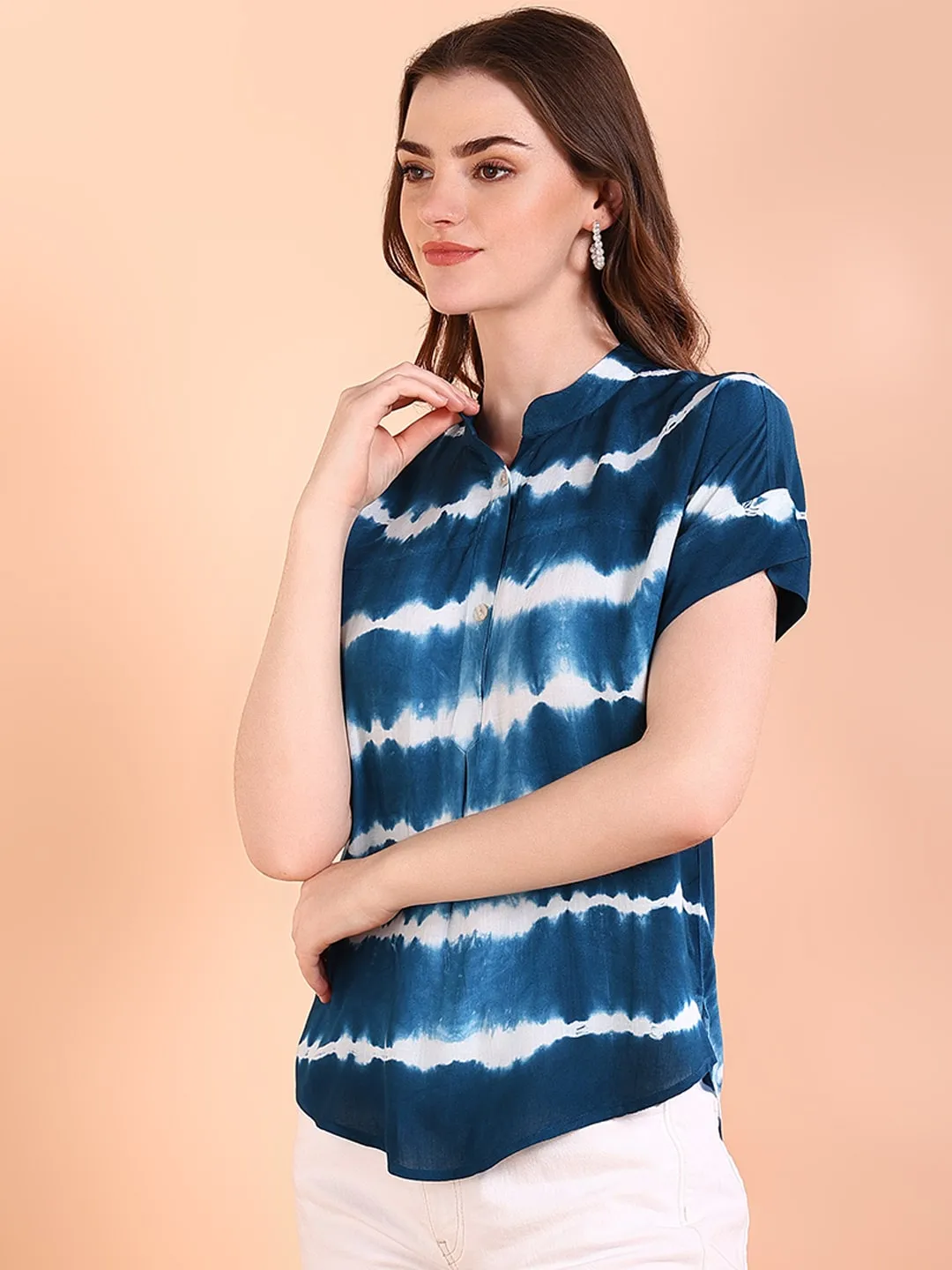 Vibrant Navy Blue Tie-Dye Everywhere Top In Soft Rayon