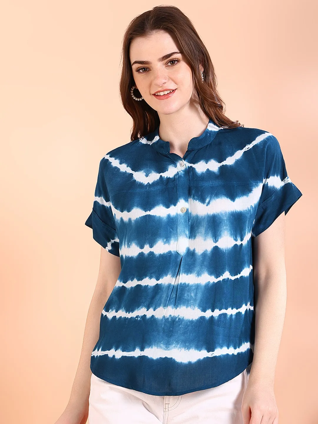 Vibrant Navy Blue Tie-Dye Everywhere Top In Soft Rayon