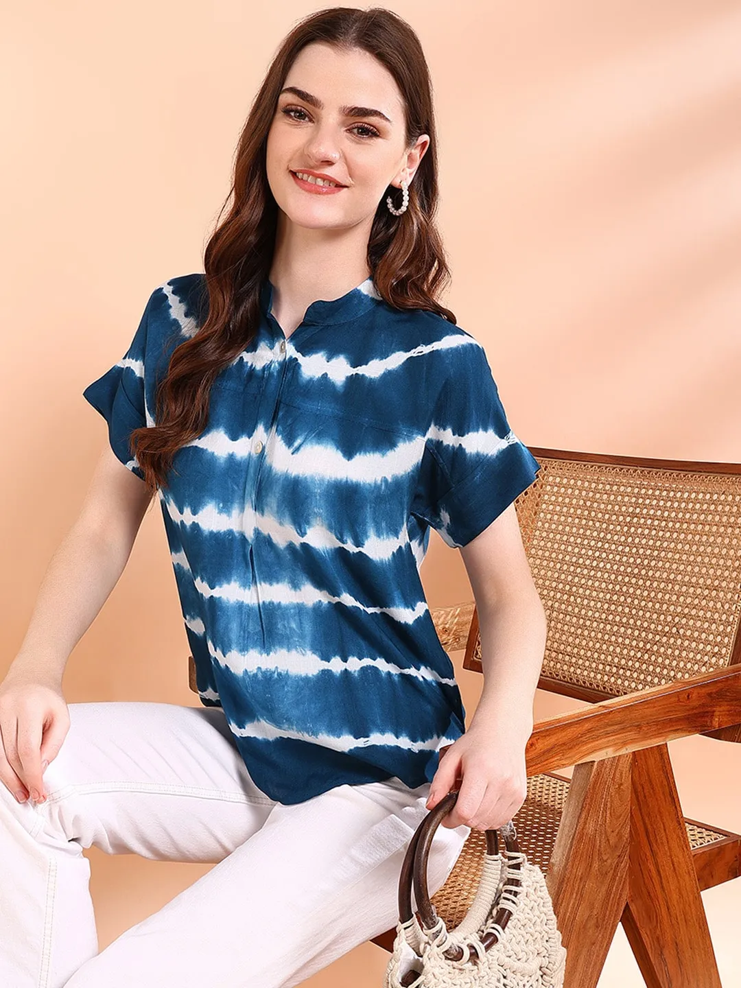 Vibrant Navy Blue Tie-Dye Everywhere Top In Soft Rayon