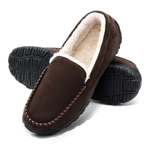 VLLY Slippers for Men Pile Lined Microsuede Bedroom Outdoor Slip On Moccasin Slippers Size for 11 Brown