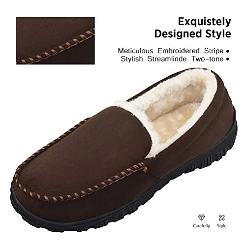VLLY Slippers for Men Pile Lined Microsuede Bedroom Outdoor Slip On Moccasin Slippers Size for 11 Brown