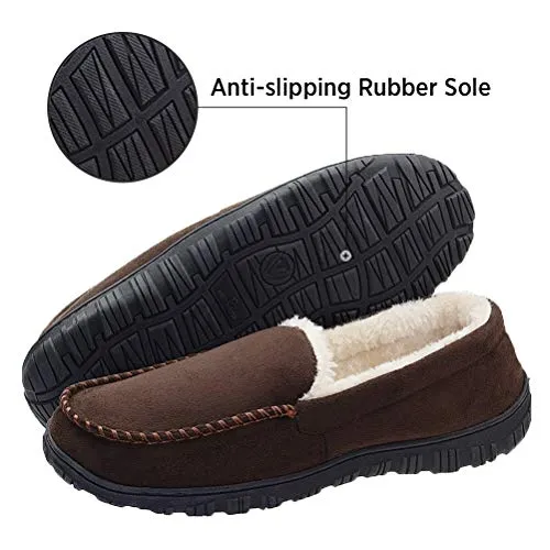 VLLY Slippers for Men Pile Lined Microsuede Bedroom Outdoor Slip On Moccasin Slippers Size for 11 Brown