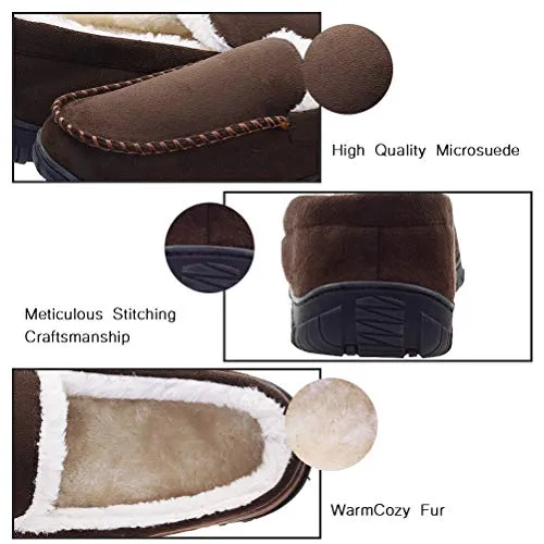 VLLY Slippers for Men Pile Lined Microsuede Bedroom Outdoor Slip On Moccasin Slippers Size for 11 Brown