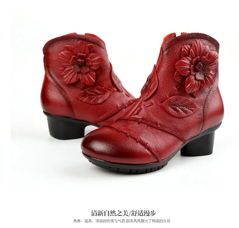 Warm Flower Retro Hand Made Real Leather Low Chunky Heel Ankle Boots
