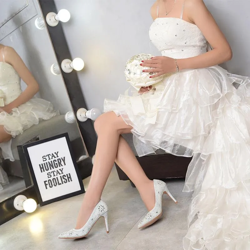 Wedding Silver Rhinestone Point Toe Slip On Pumps
