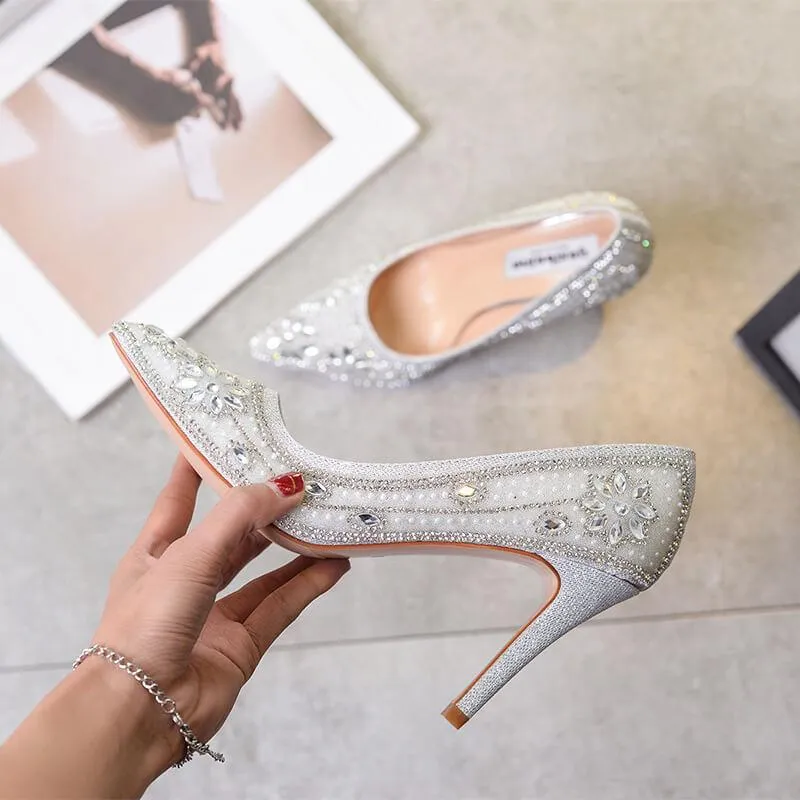 Wedding Silver Rhinestone Point Toe Slip On Pumps