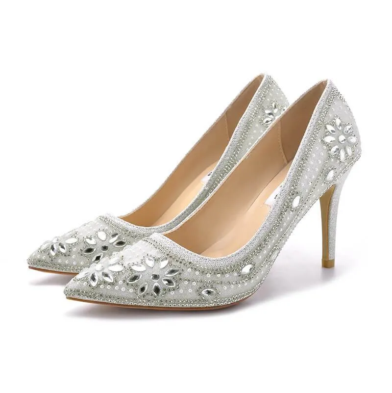 Wedding Silver Rhinestone Point Toe Slip On Pumps