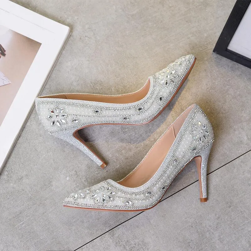 Wedding Silver Rhinestone Point Toe Slip On Pumps