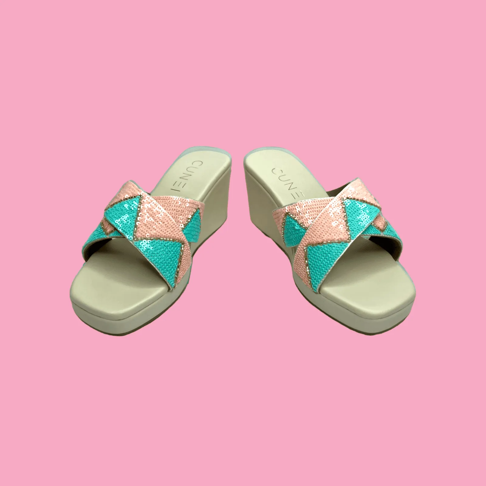 Whimsical Blue and Peach Sequin White Wedges
