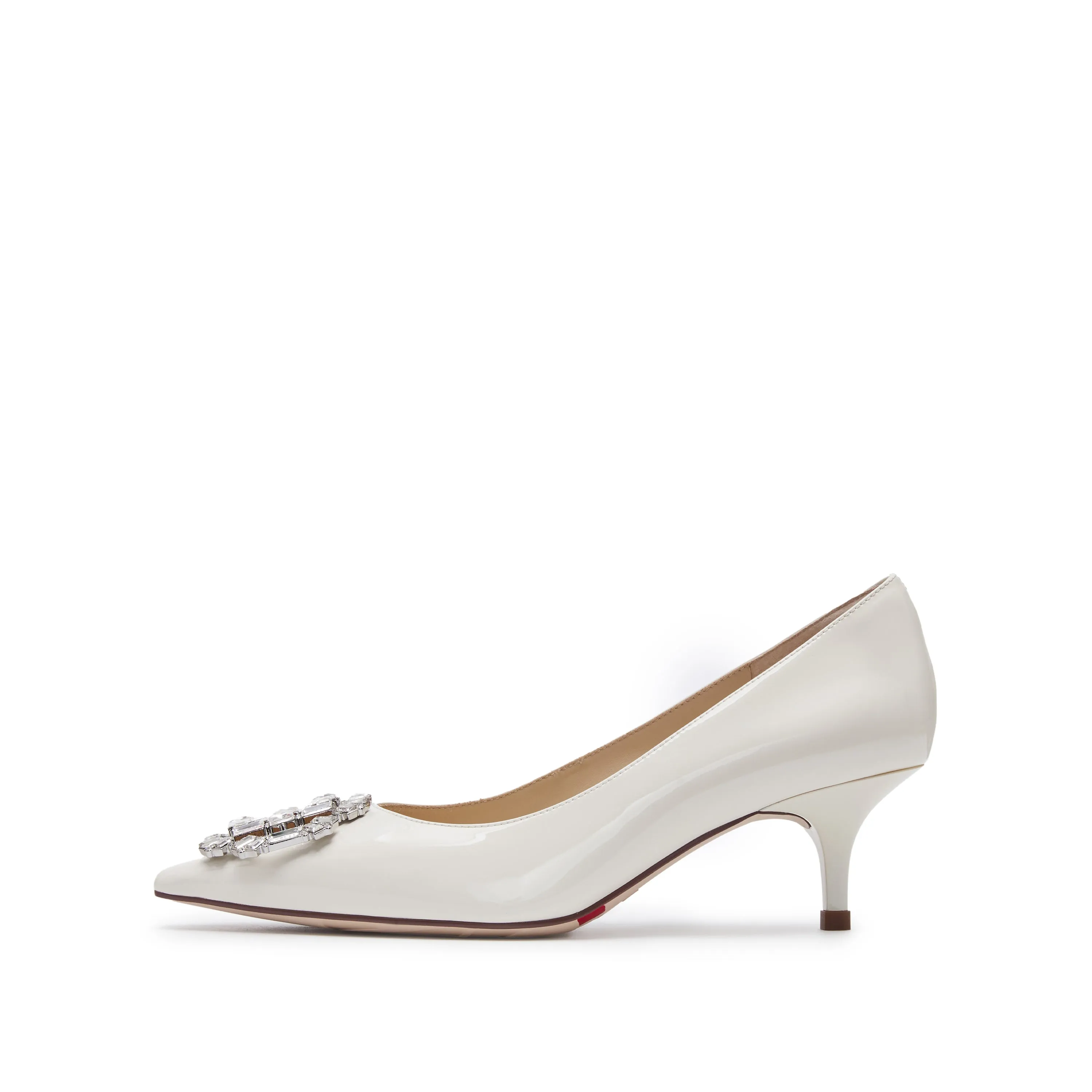 White Crystal Buckle Leather Heeled Pumps