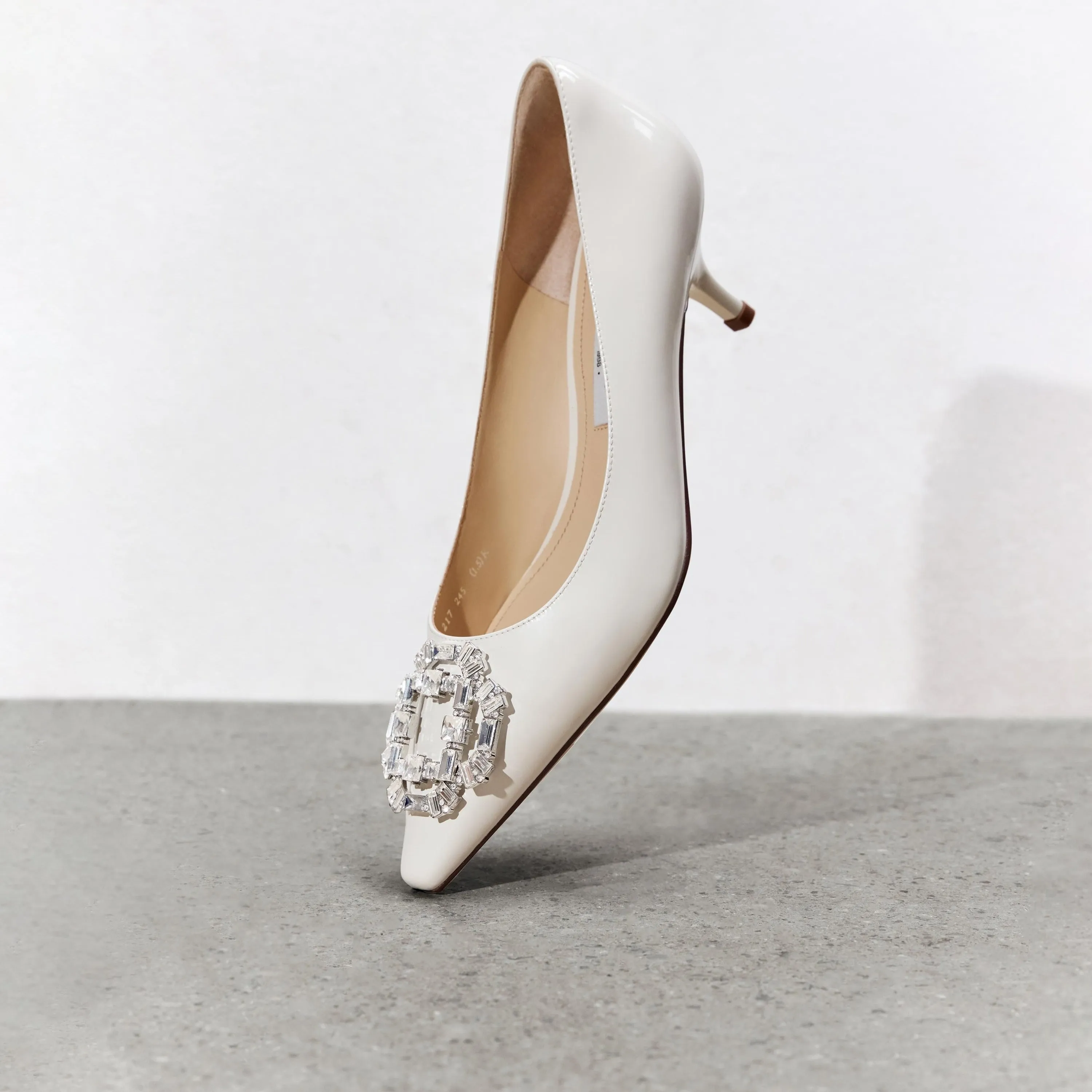 White Crystal Buckle Leather Heeled Pumps