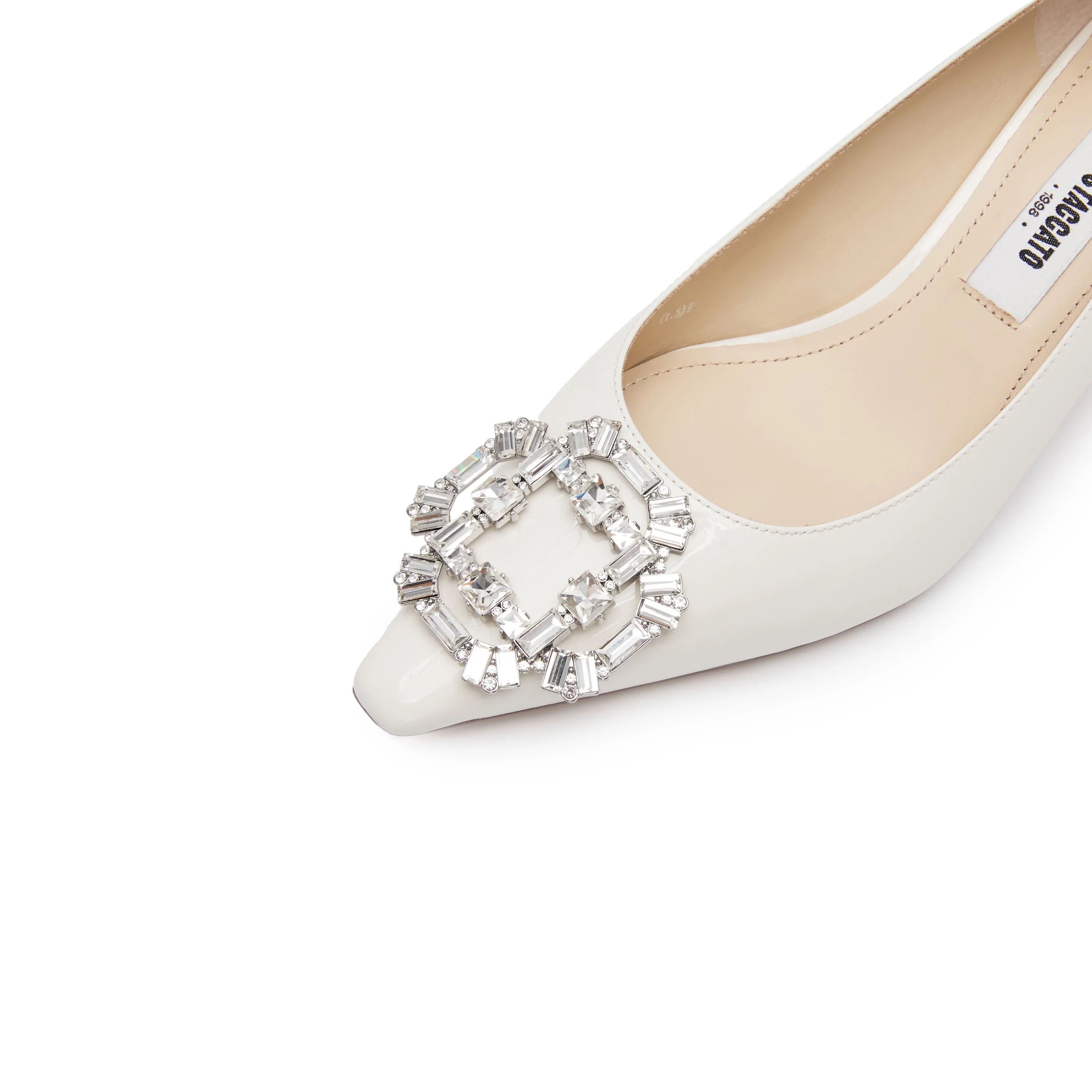 White Crystal Buckle Leather Heeled Pumps