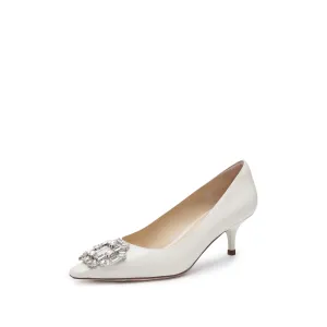 White Crystal Buckle Leather Heeled Pumps