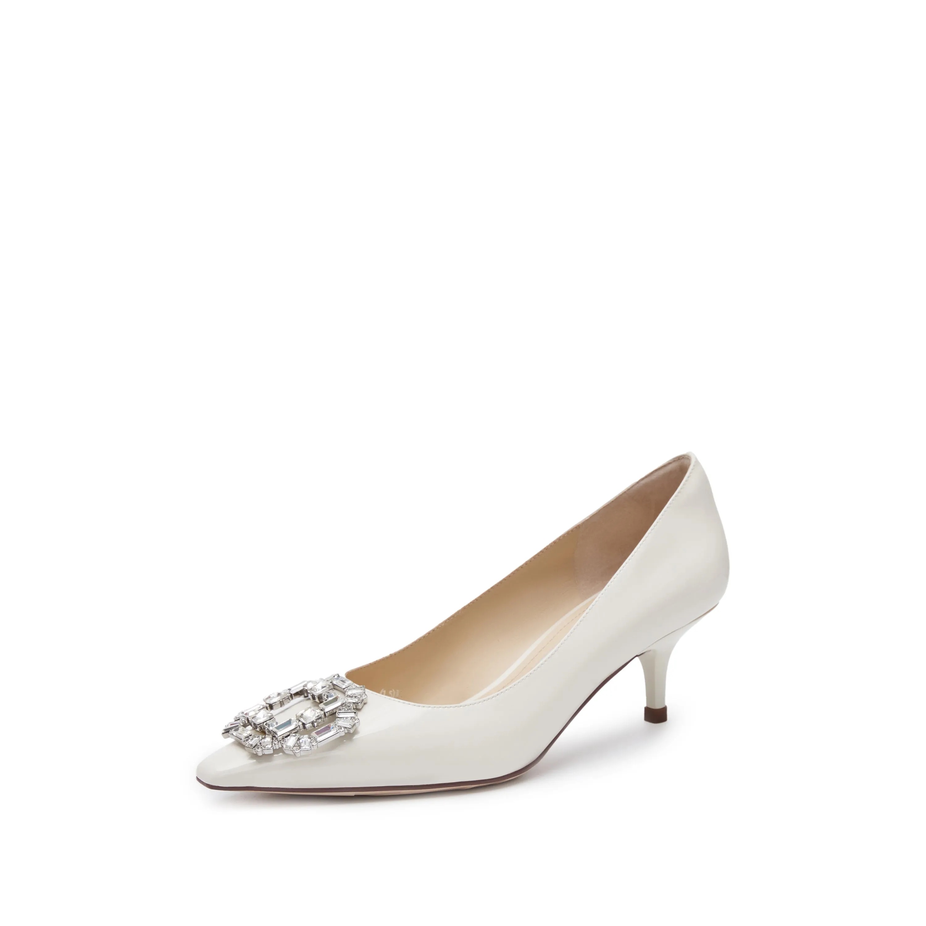 White Crystal Buckle Leather Heeled Pumps