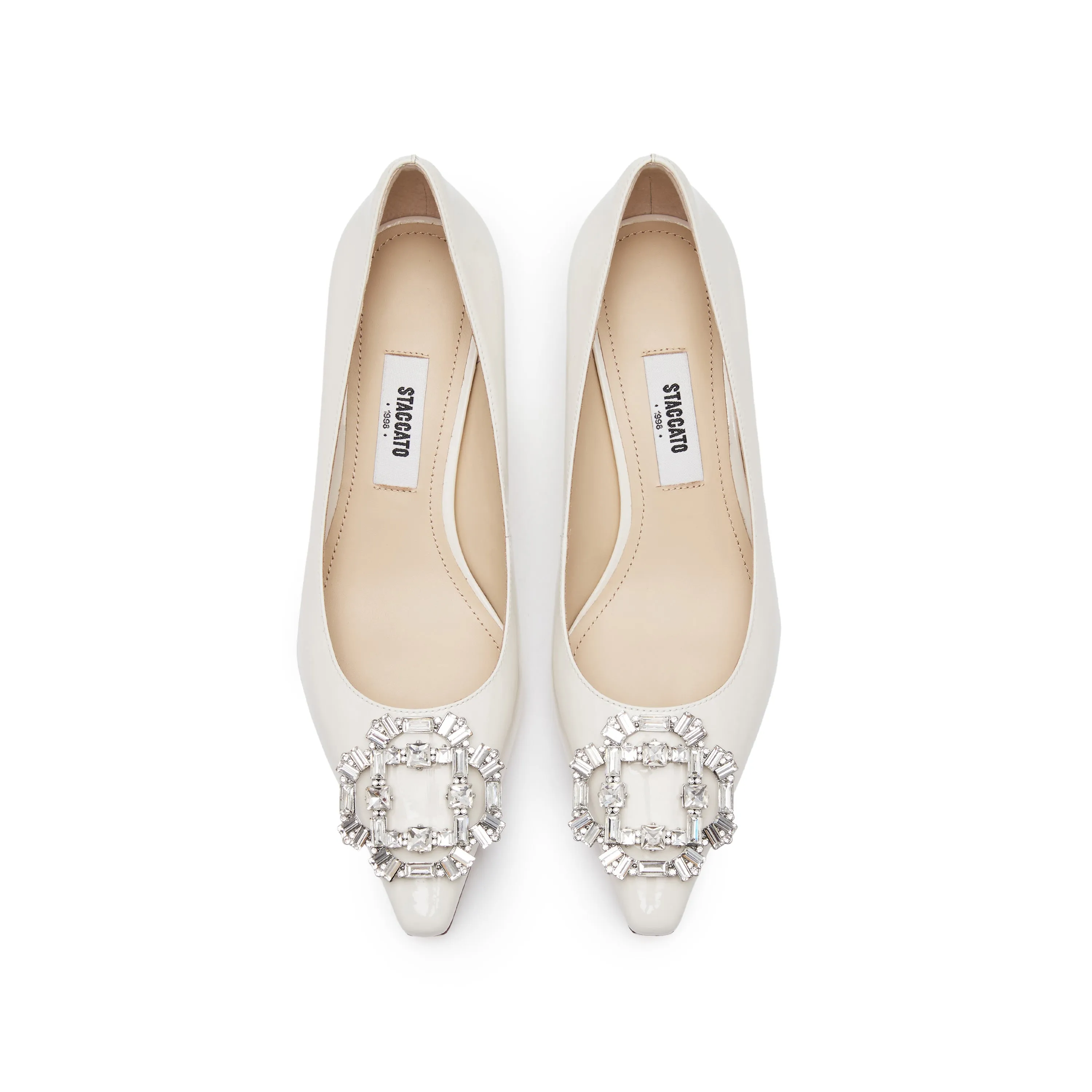 White Crystal Buckle Leather Heeled Pumps