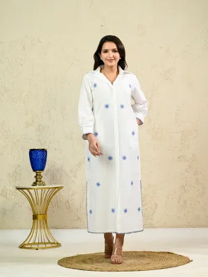 WHITE LONG EMBROIDERY SHIRT DRESS