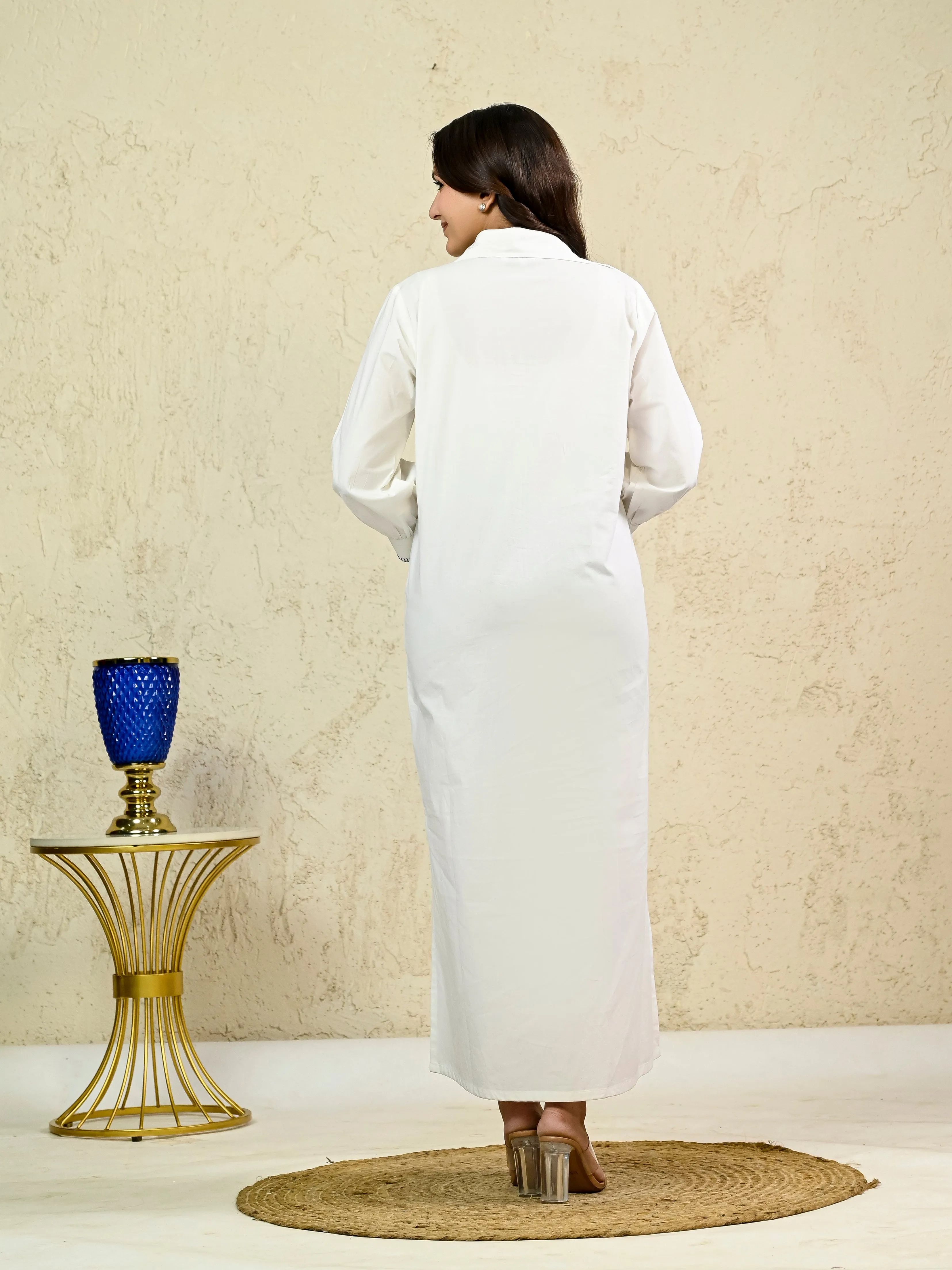 WHITE LONG EMBROIDERY SHIRT DRESS