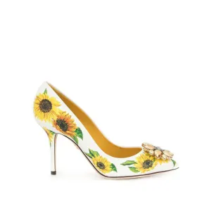 White sunflower Print Rhinestone Pointed Toe Pumps