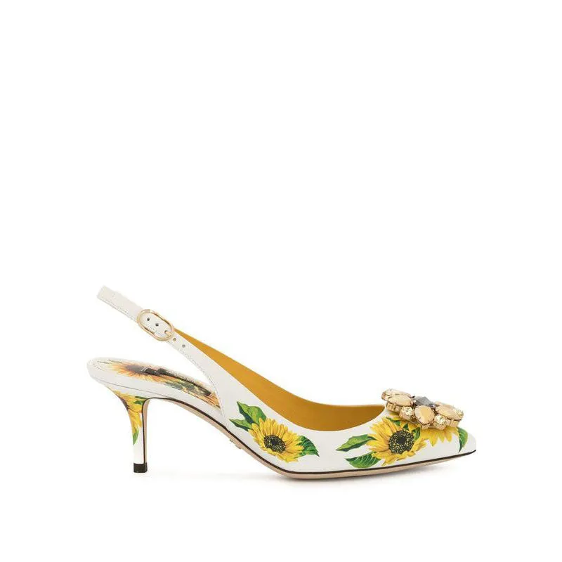 White sunflower Print Rhinestone Pointed Toe Pumps