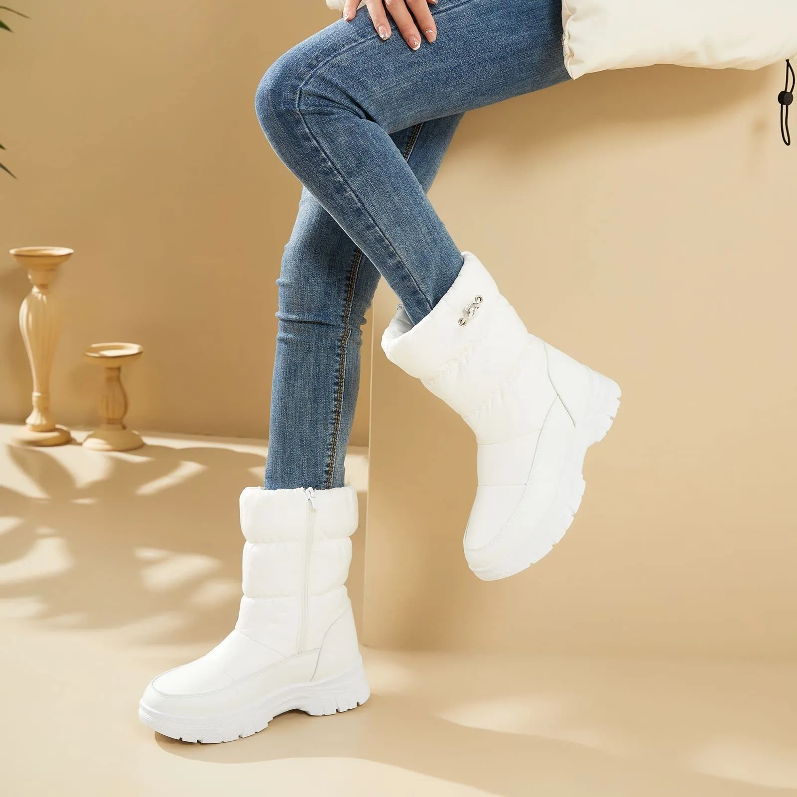 White Warm Comfort Drawstring Platform Snow Boots