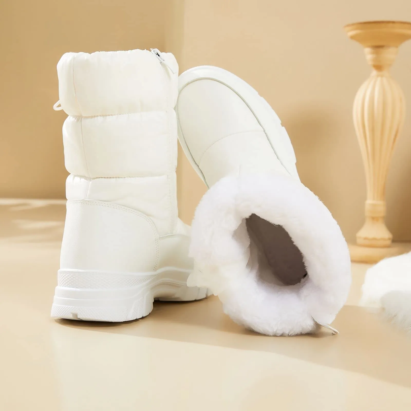 White Warm Comfort Drawstring Platform Snow Boots