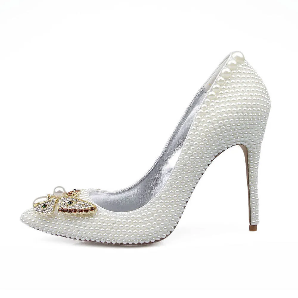 White Wedding Ankle Stiletto Heel Point Toe Pumps