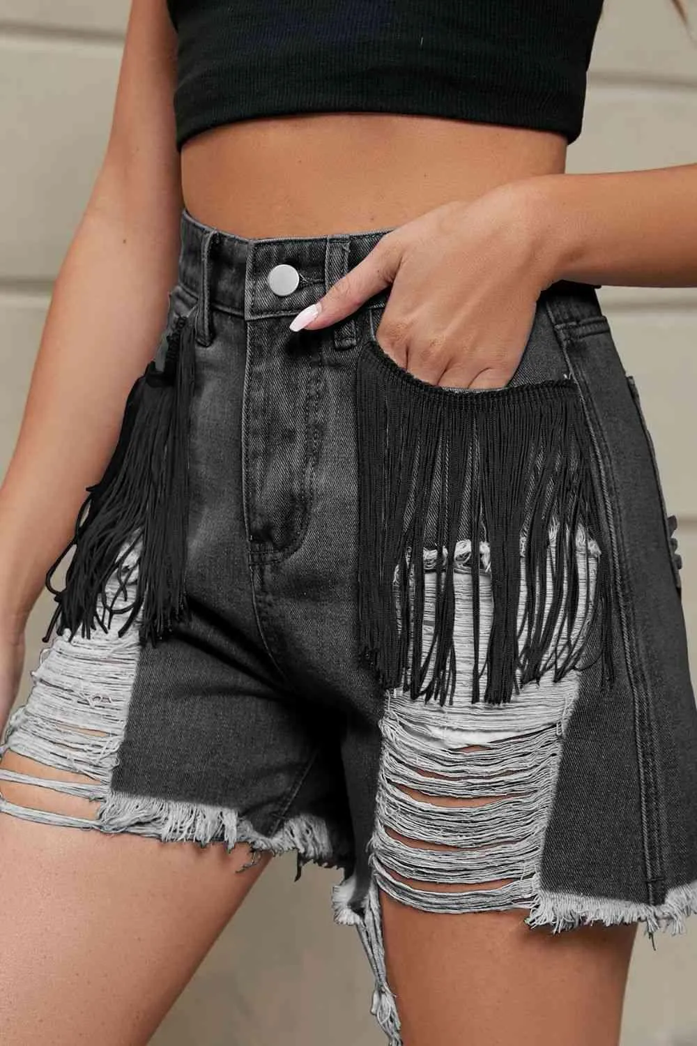 Wild West Fringe Distressed Denim Shorts