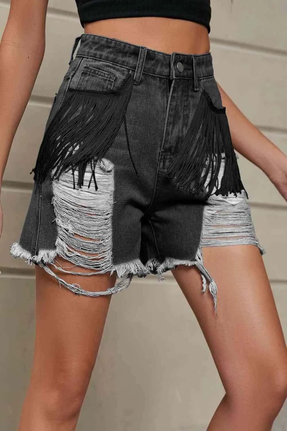 Wild West Fringe Distressed Denim Shorts