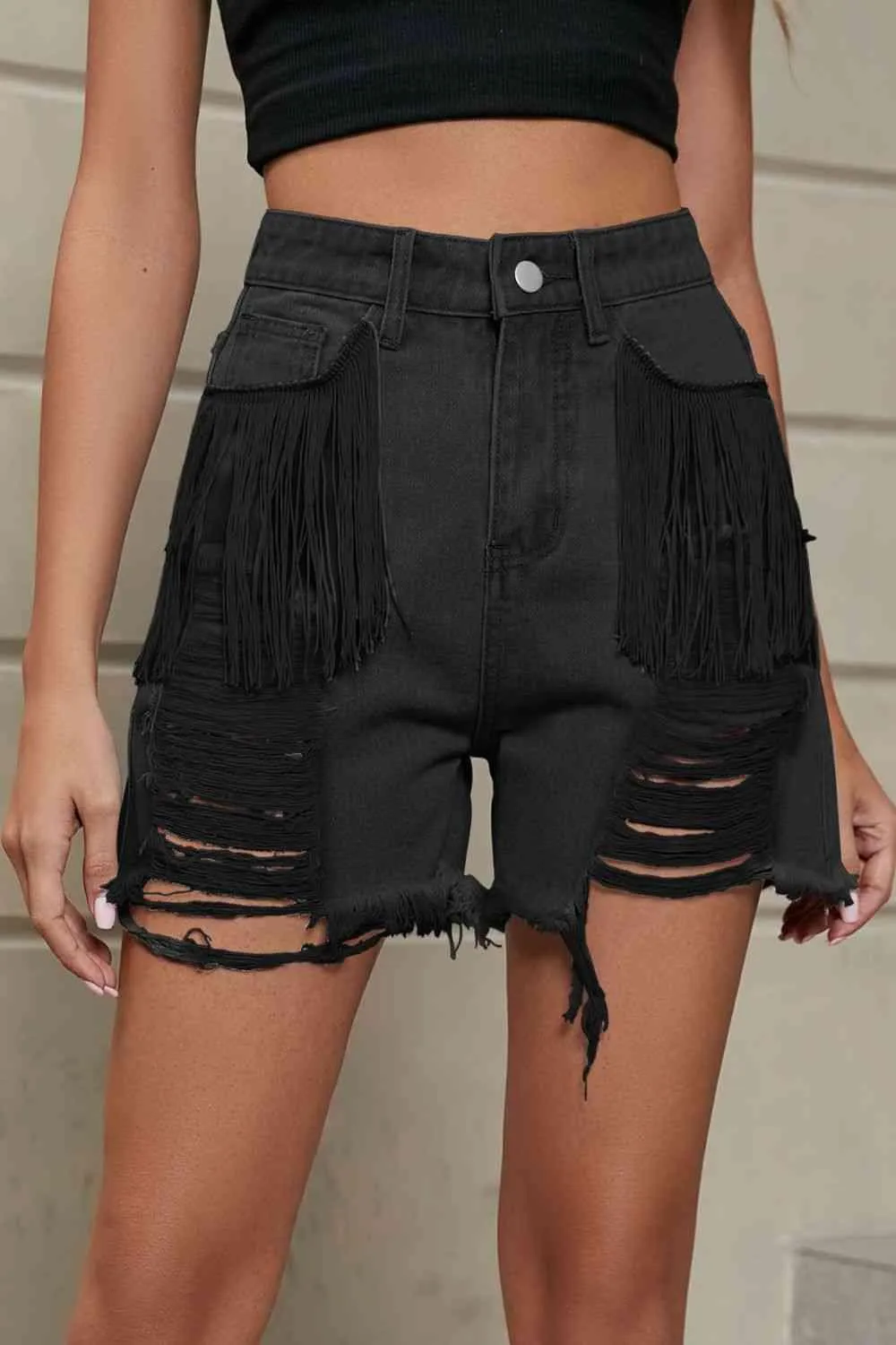 Wild West Fringe Distressed Denim Shorts