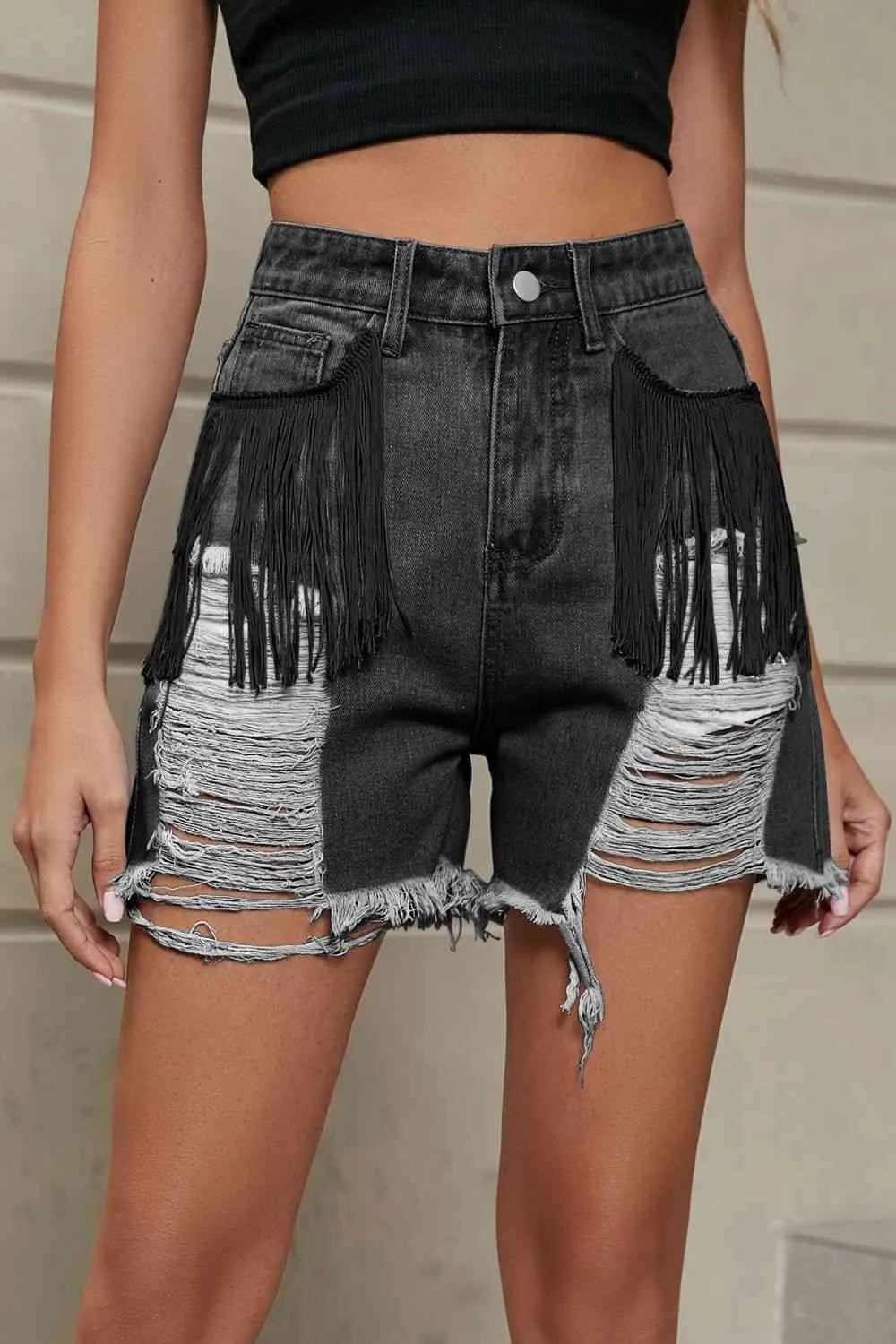 Wild West Fringe Distressed Denim Shorts