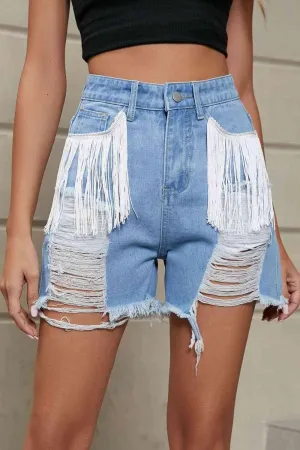 Wild West Fringe Distressed Denim Shorts