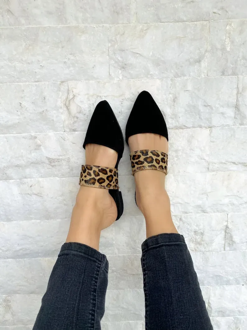 Women Black Leather Suede Mules