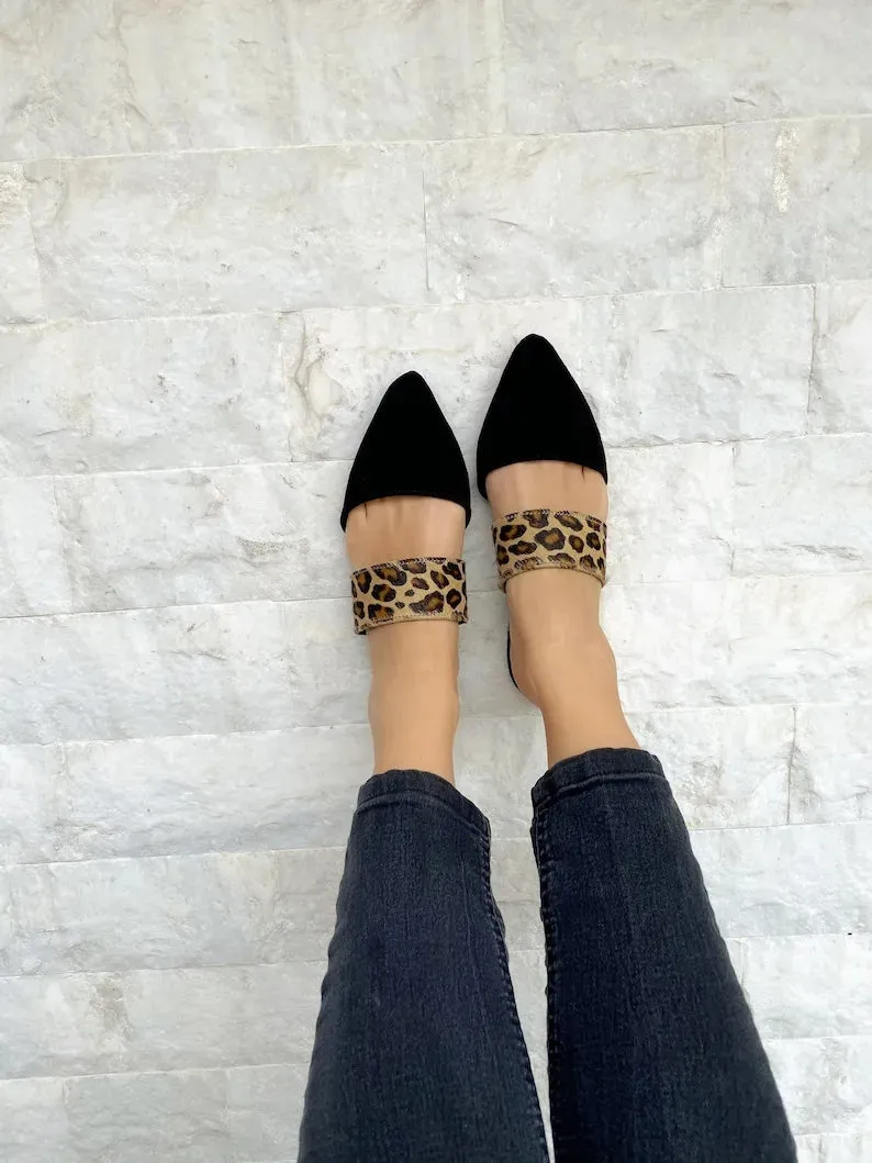 Women Black Leather Suede Mules