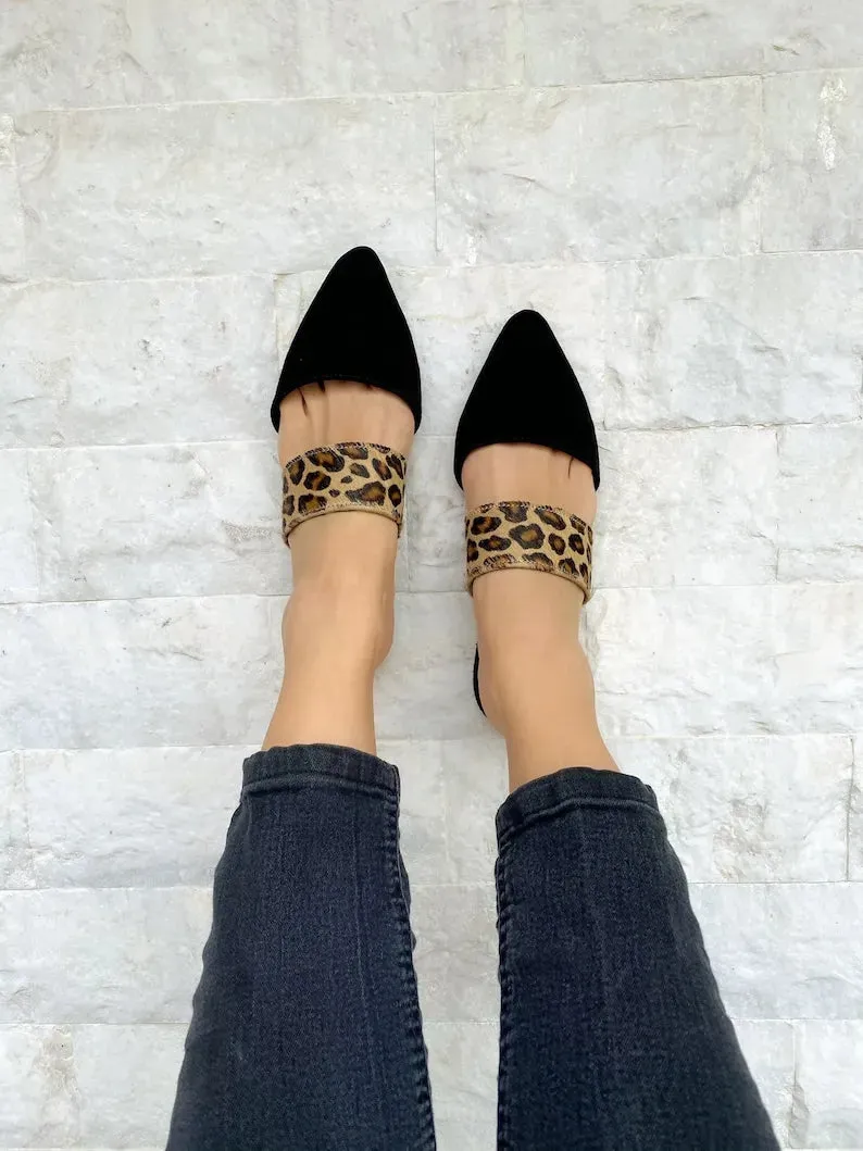 Women Black Leather Suede Mules