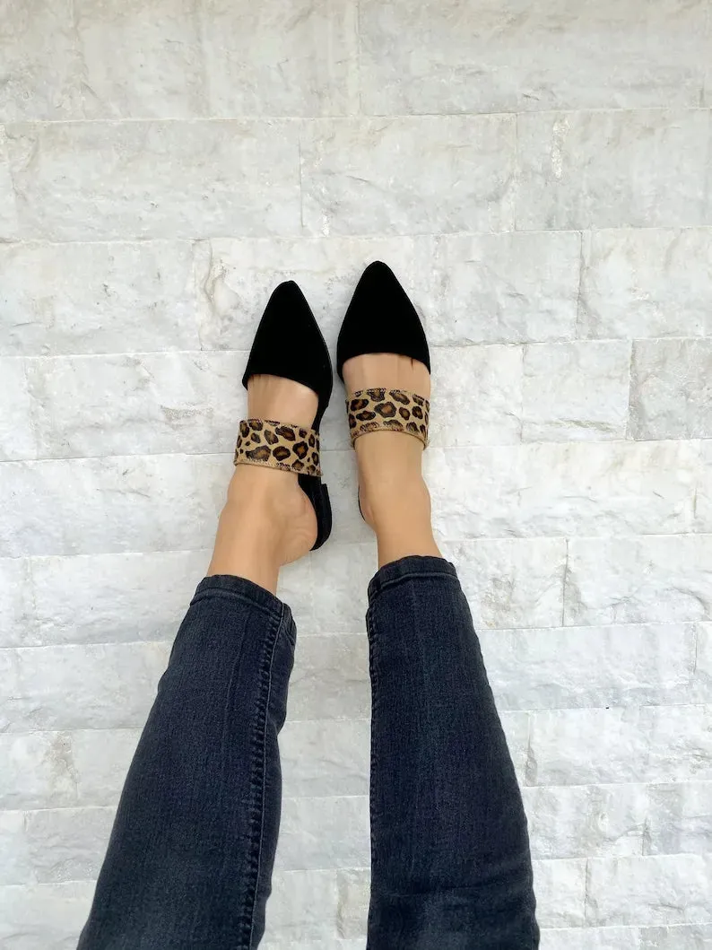 Women Black Leather Suede Mules