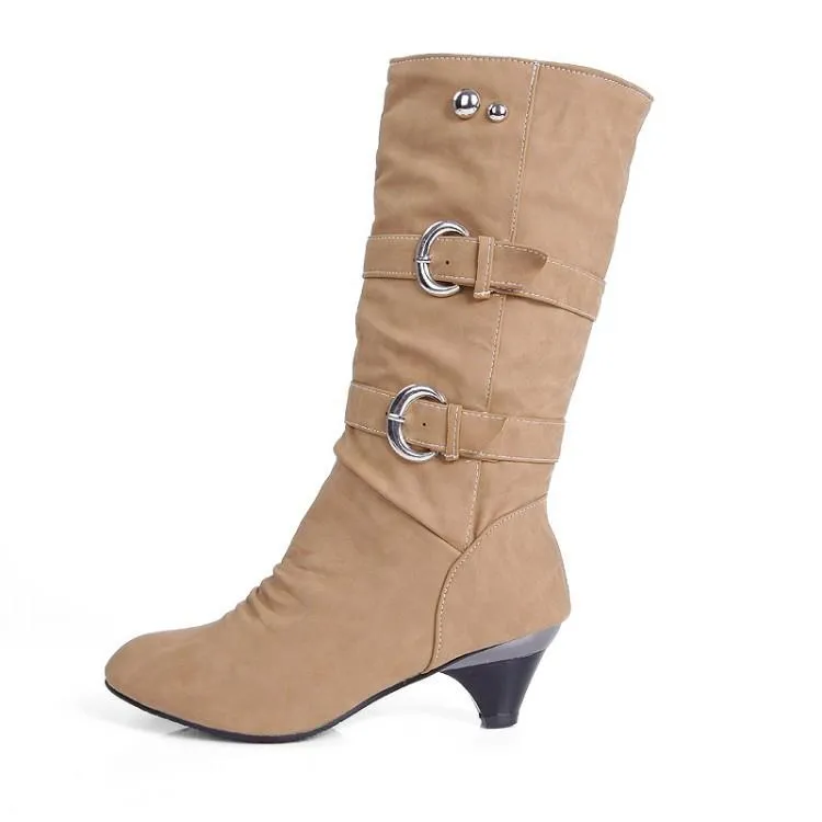 Women buckle straps warm plush lining mid calf chunky low heel boots