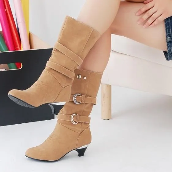 Women buckle straps warm plush lining mid calf chunky low heel boots