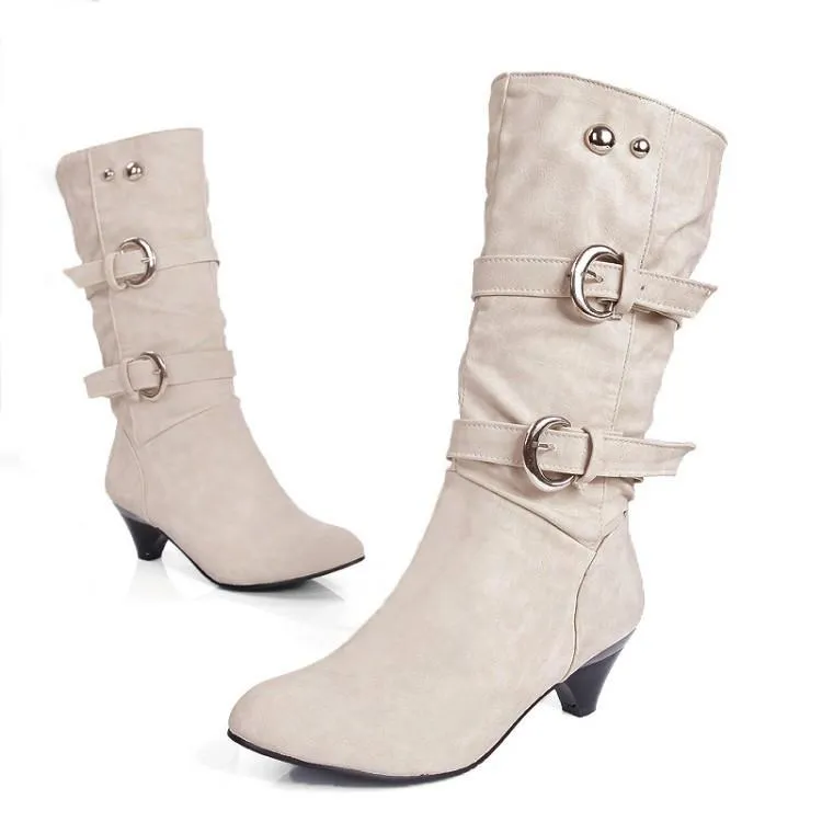 Women buckle straps warm plush lining mid calf chunky low heel boots