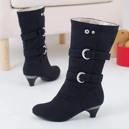 Women buckle straps warm plush lining mid calf chunky low heel boots