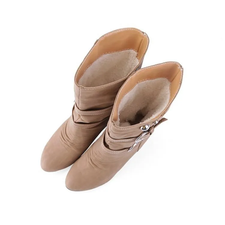 Women buckle straps warm plush lining mid calf chunky low heel boots