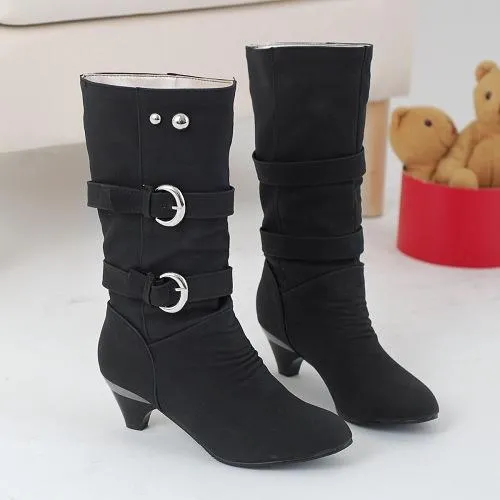 Women buckle straps warm plush lining mid calf chunky low heel boots