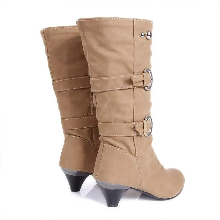 Women buckle straps warm plush lining mid calf chunky low heel boots