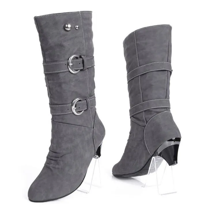 Women buckle straps warm plush lining mid calf chunky low heel boots