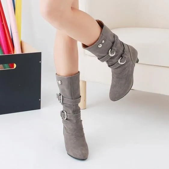 Women buckle straps warm plush lining mid calf chunky low heel boots