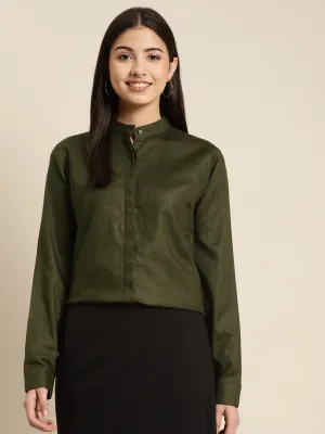 Women Olive Solid Pure Cotton Regular Fit Formal Shirt